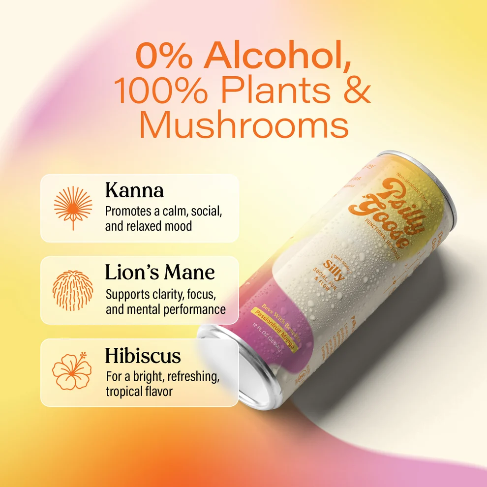 0% alcohol, 100% plants and mushrooms: kanna for a calm social mood, Lion's Mane for clarity and focus, hibiscus for tropical flavor