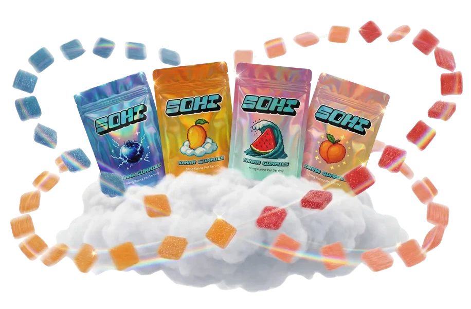 SOHI kanna gummy packs floating on a cloud surrounded by gummies
