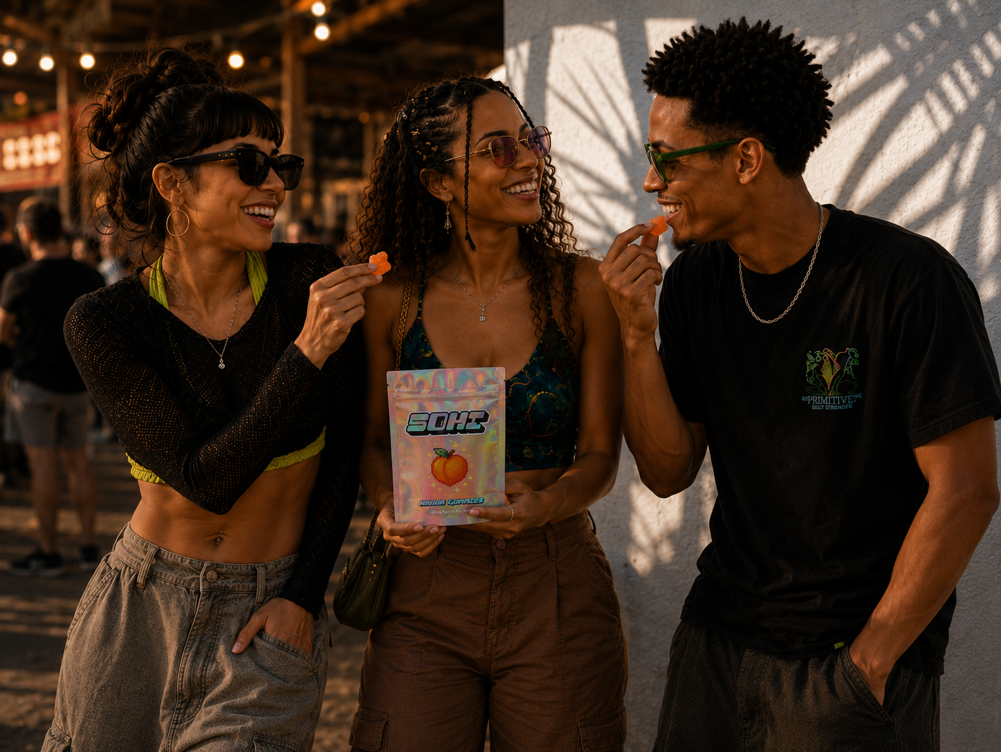 Three friends laughing at golden hour while sharing SOHI kanna gummies