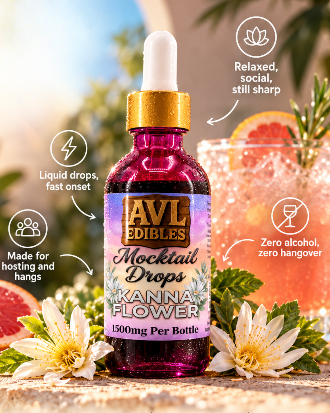AVL Edibles Kanna Flower Mocktail Drops: relaxed social and still sharp, liquid drops with fast onset, made for hosting and hangs, zero alcohol and zero hangover