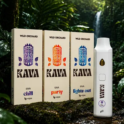 Wild Orchard Kava 1G vape boxes in Chill, Party and Lights Out beside the device in a jungle setting