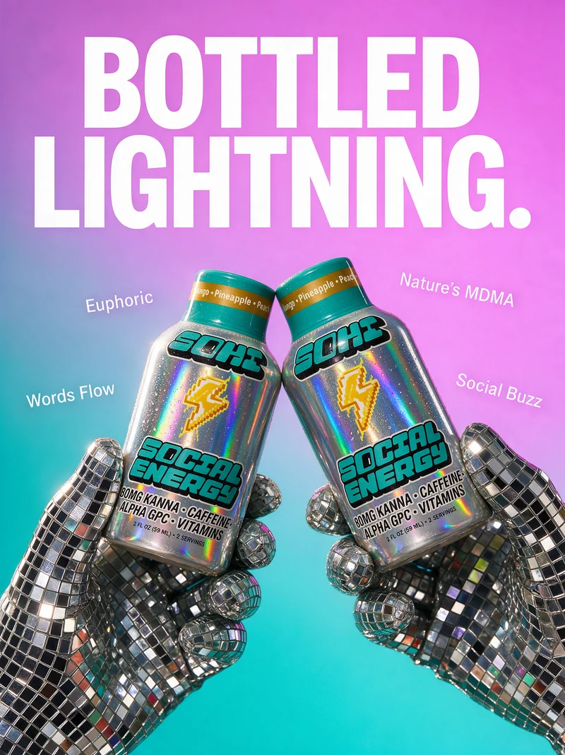 Bottled lightning: two SOHI Social Energy shots held up, euphoric social buzz