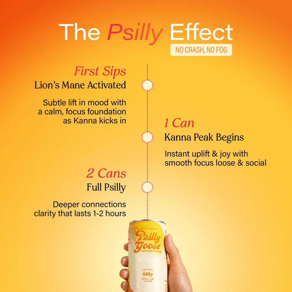 The Psilly Effect timeline: first sips Lion's Mane activated, one can kanna peak, two cans full Psilly with no crash or fog