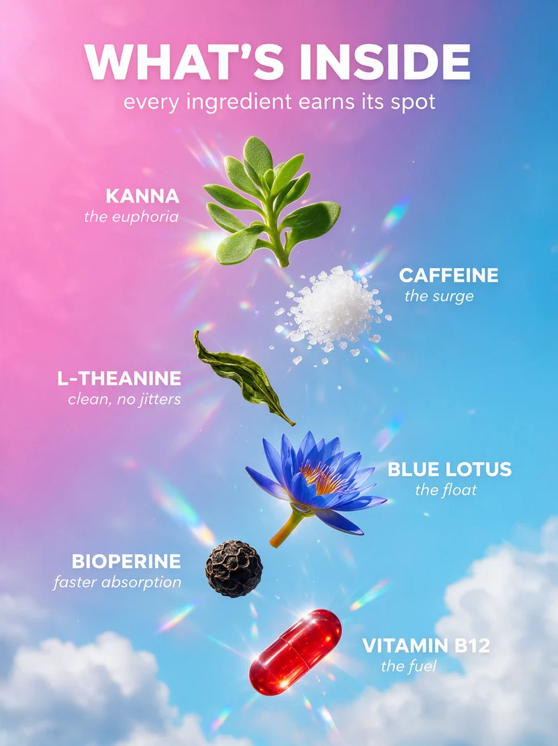 What's inside SOHI tabs: kanna, caffeine, L-theanine, blue lotus, BioPerine and vitamin B12
