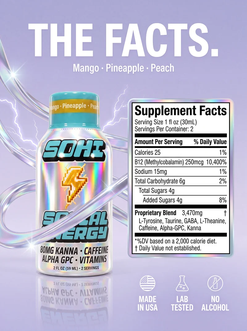 SOHI Social Energy shot supplement facts panel and ingredient list