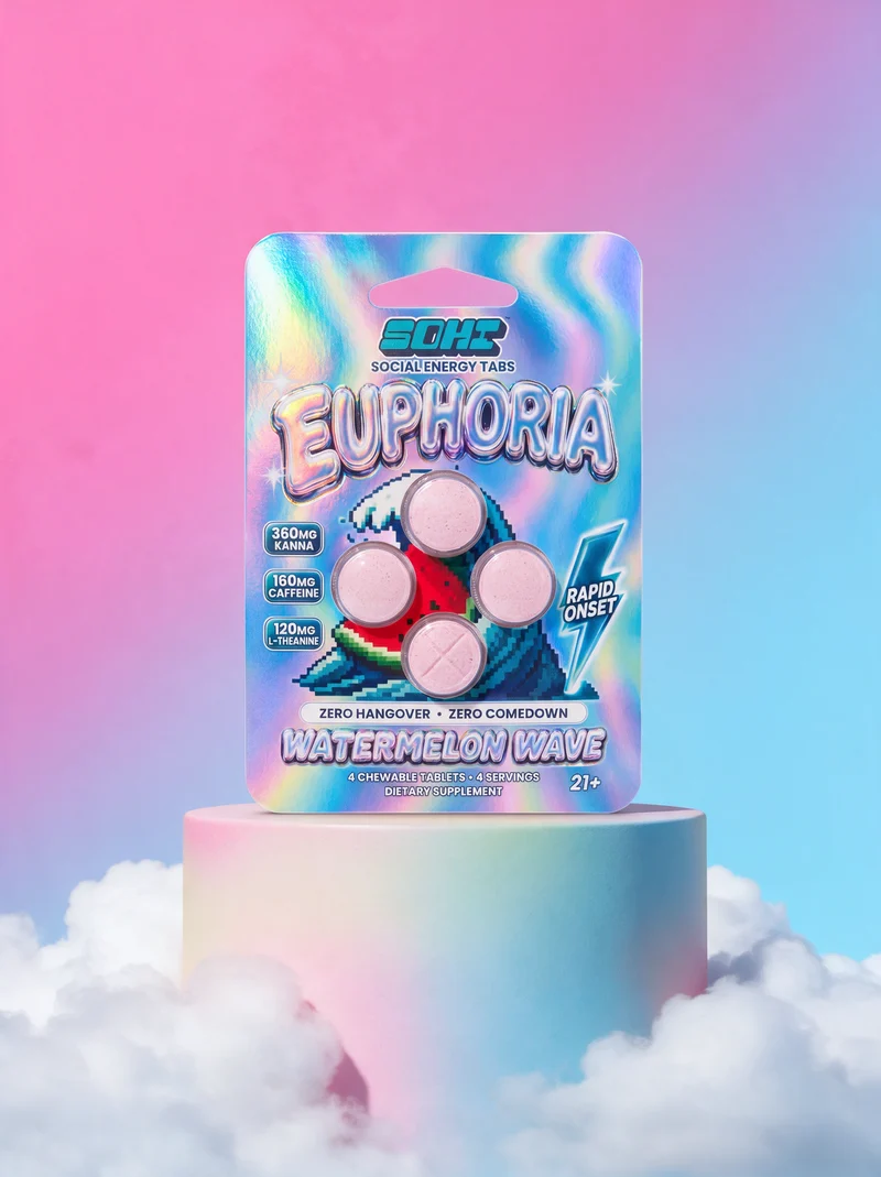 SOHI Social Energy Tabs Watermelon Wave pack on a pastel pedestal above the clouds