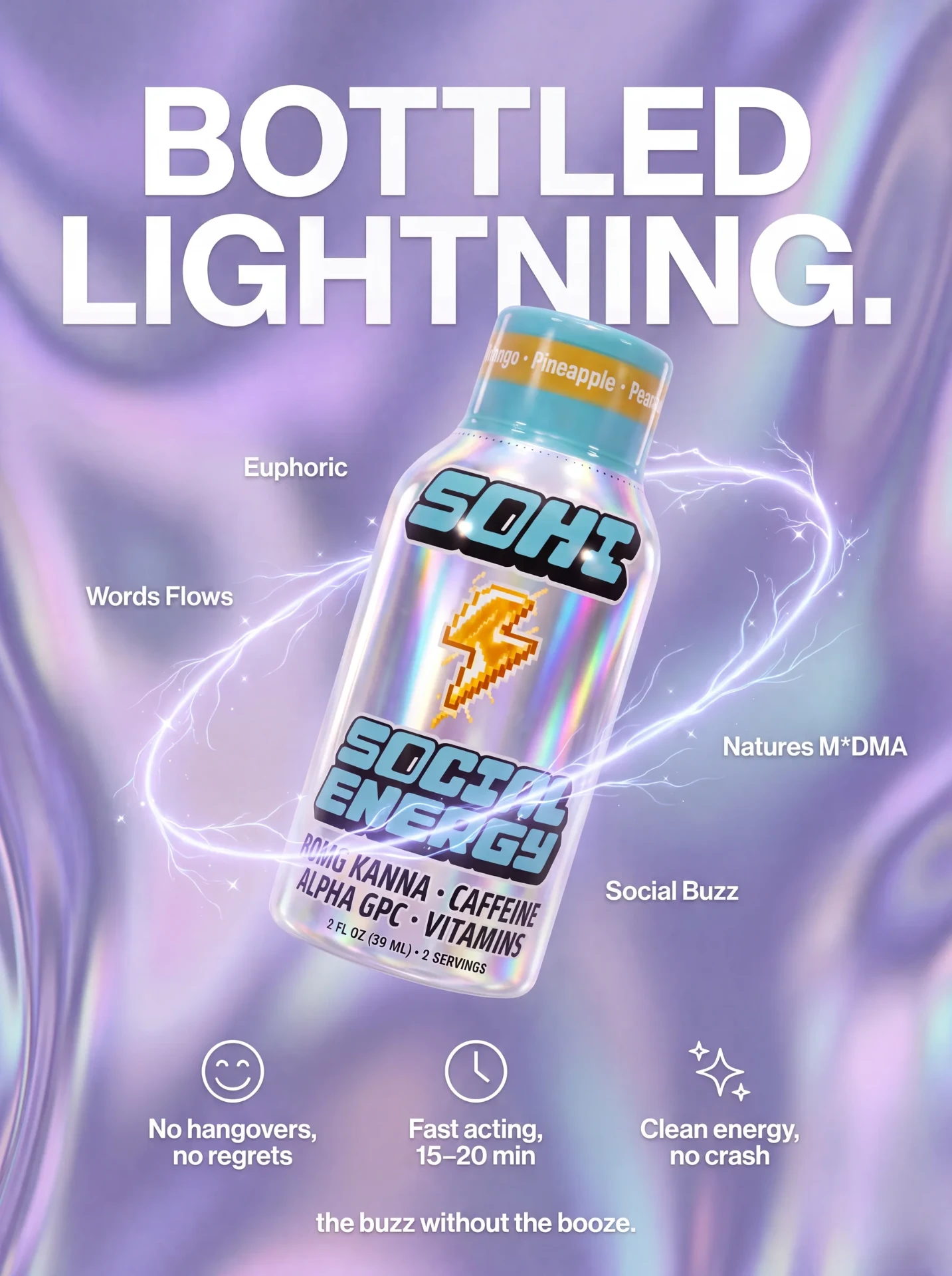 Bottled lightning: euphoric, social buzz, no hangovers, fast acting in 15 to 20 minutes