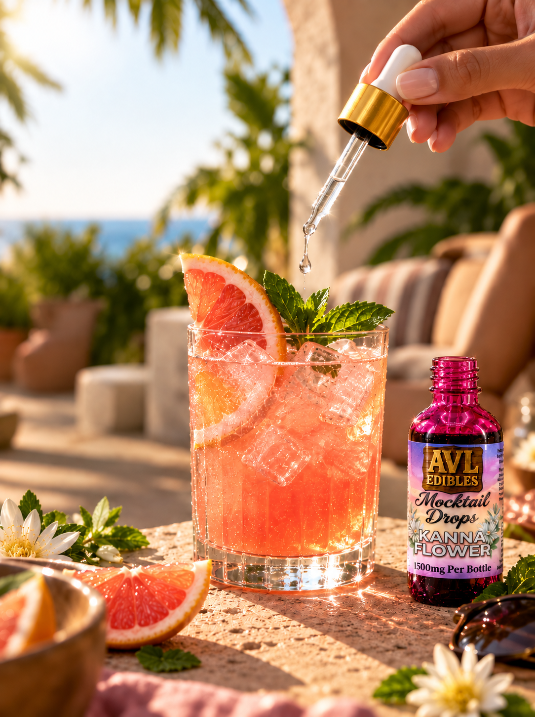 AVL Edibles Kanna Flower Mocktail Drops bottle beside a sparkling grapefruit mocktail on a sunlit patio table