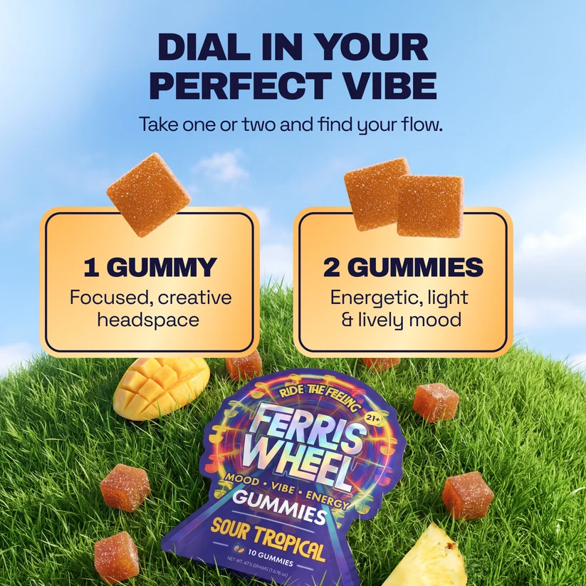 Dial in your perfect vibe: one gummy for focused creative headspace, two for energetic lively mood