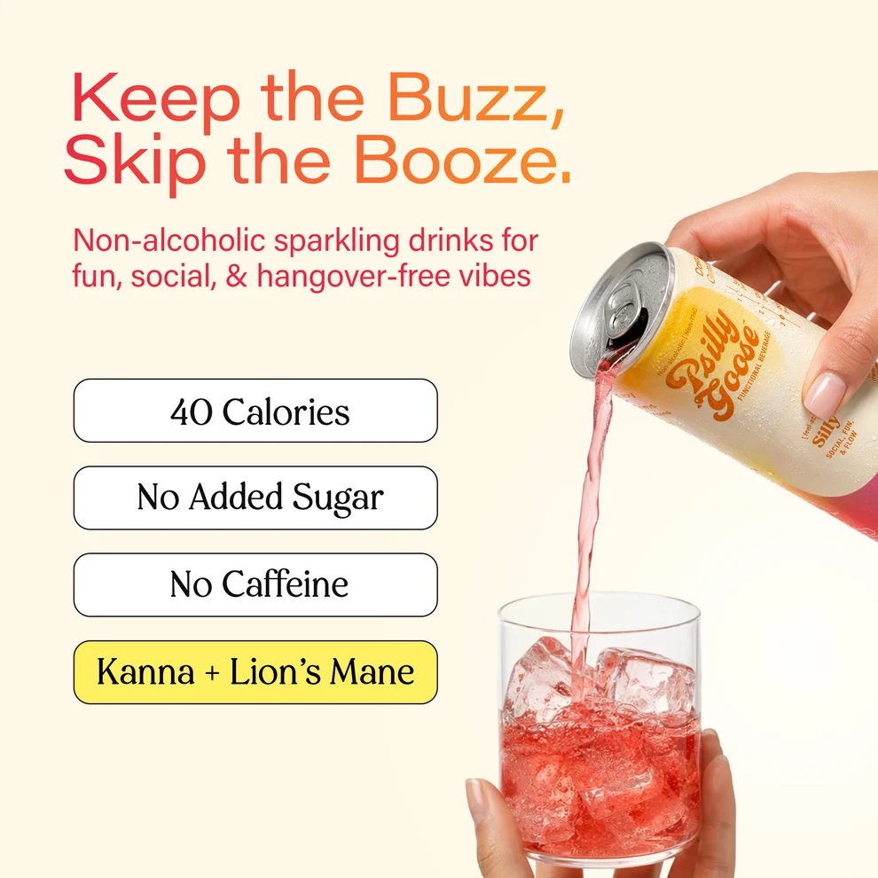 Keep the buzz, skip the booze: non-alcoholic sparkling drink with 40 calories, no added sugar, no caffeine, kanna plus Lion's Mane