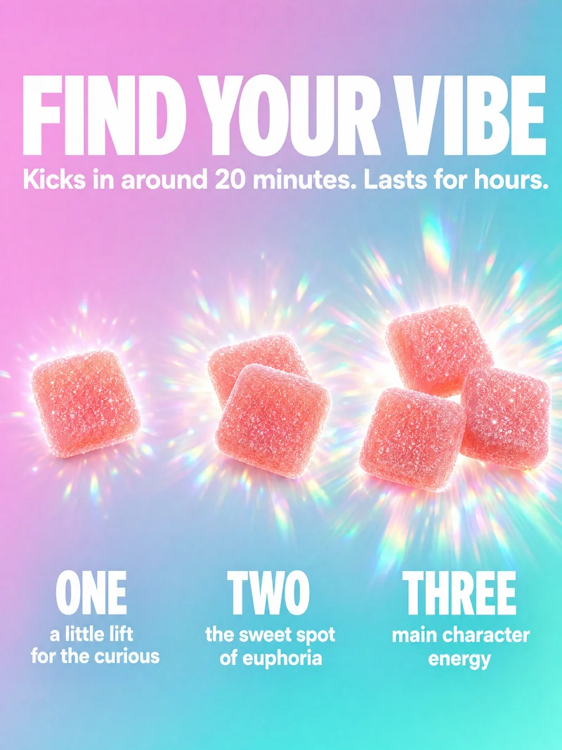 Find your vibe: one gummy for a little lift, two for the sweet spot, three for main character energy