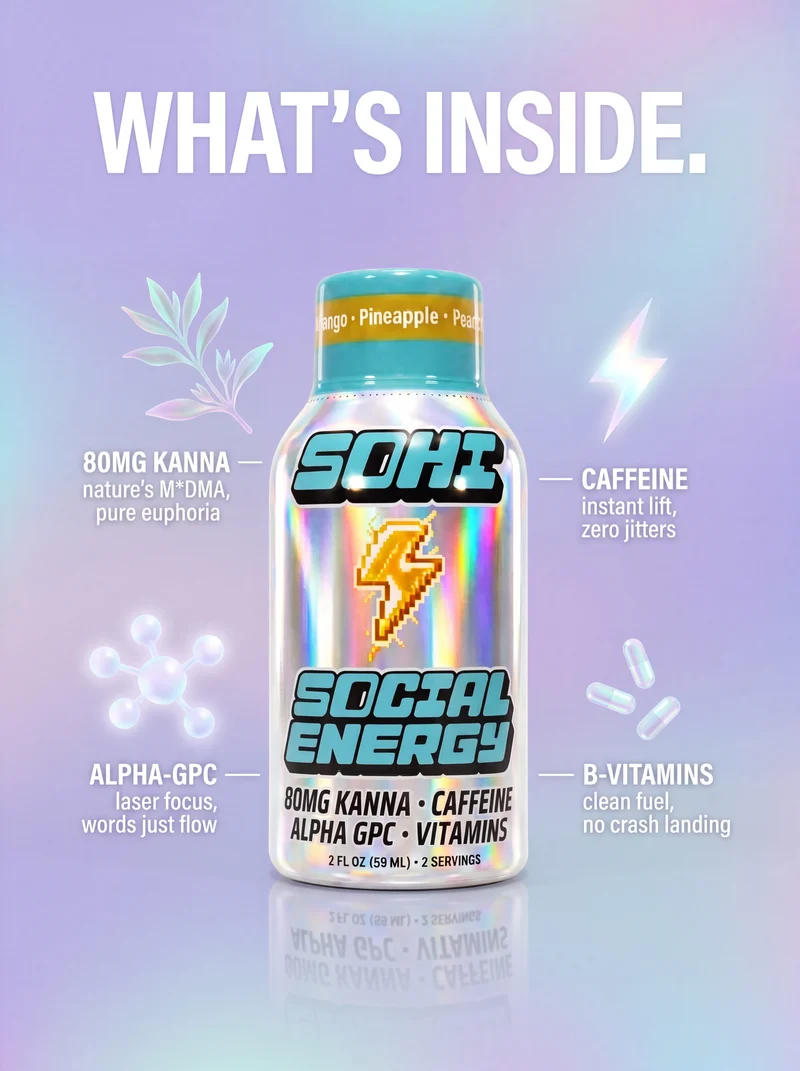 What's inside the SOHI shot: 80mg kanna, caffeine, Alpha-GPC and B vitamins