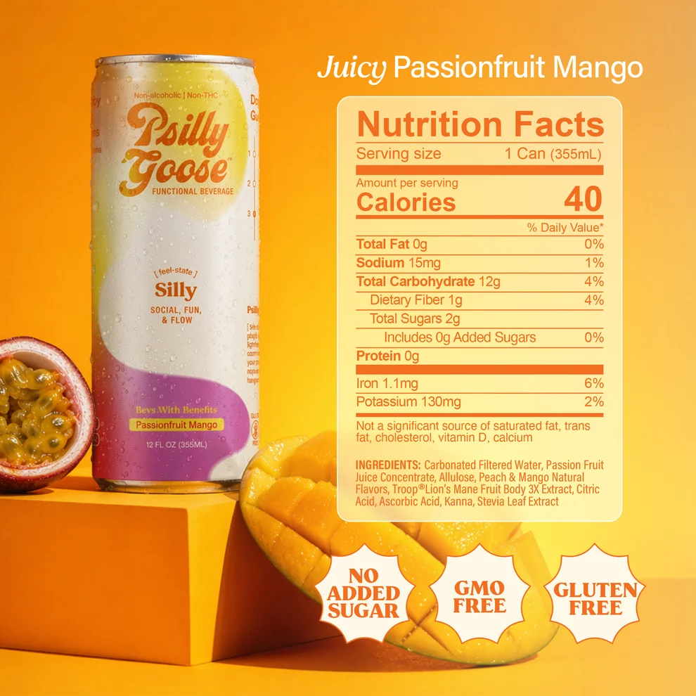Juicy passionfruit mango nutrition facts: 40 calories, no added sugar, GMO free and gluten free