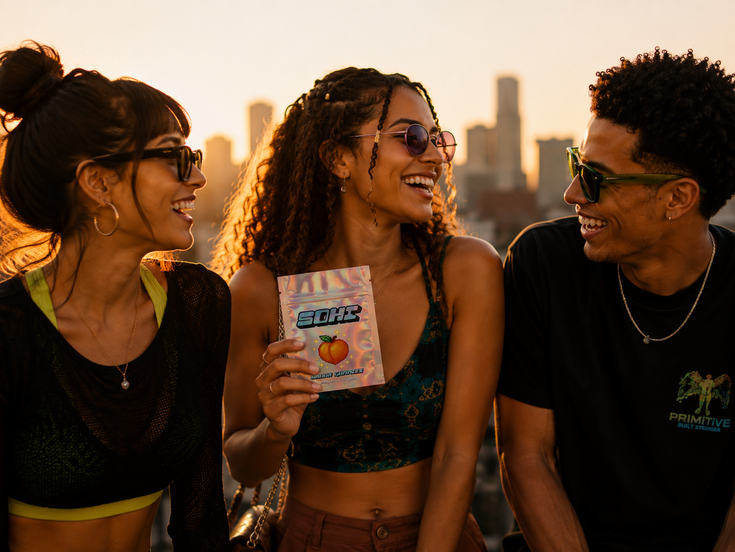 Three friends laughing at golden hour on a rooftop while holding a pouch of SOHI kanna gummies
