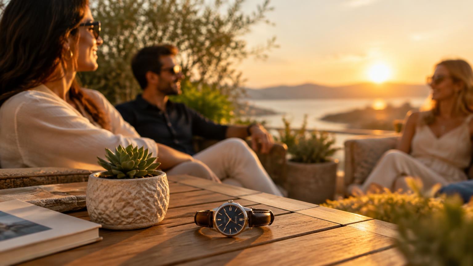 Friends relaxing on a sunny terrace with a wristwatch and a small succulent on the table