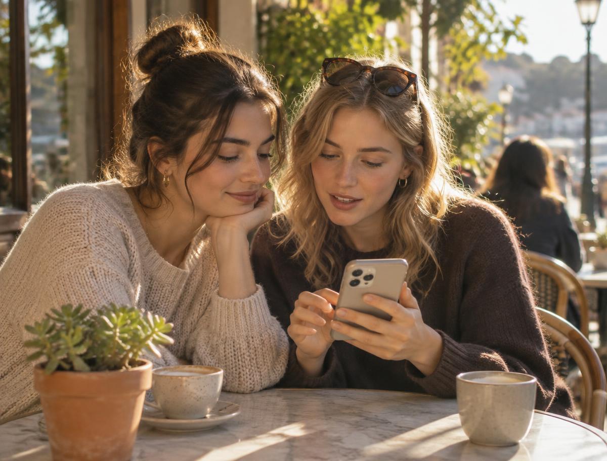 Two friends at a sunny cafe table reading on a phone beside a small potted succulent