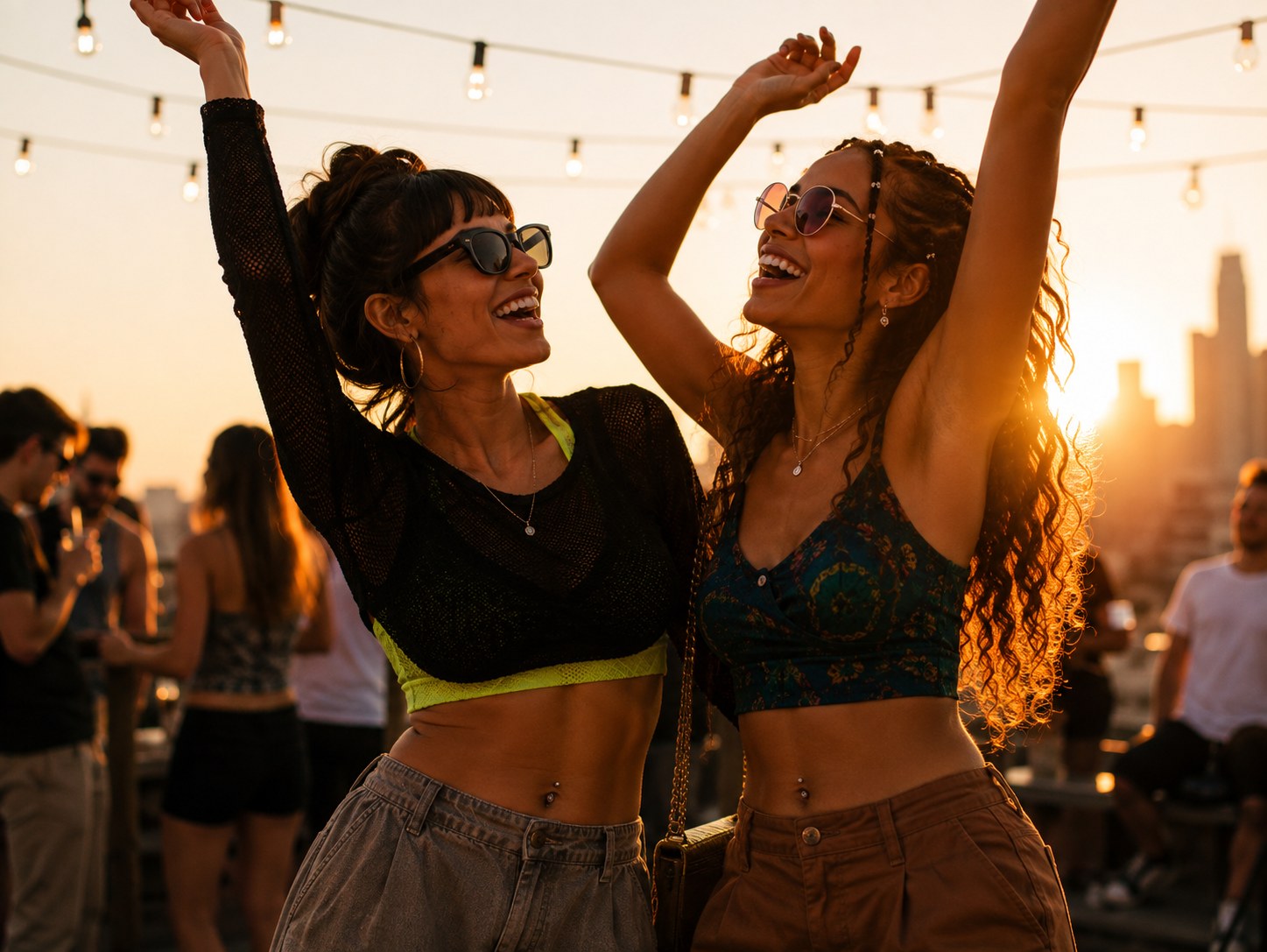 Two friends dancing and laughing at a golden-hour rooftop party under string lights